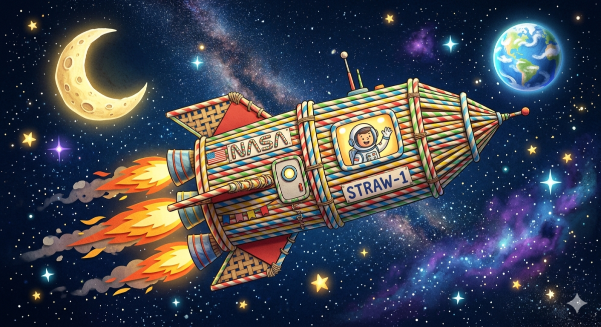 A Gemini-created cartoon of a soda-straw moon rocket in space with a happy astronaut waving from a window.
