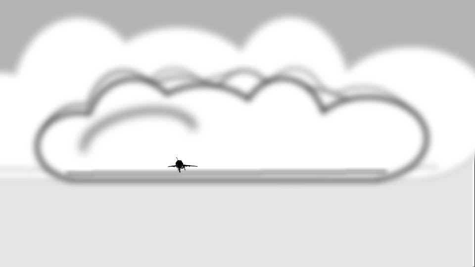 A simple line drawing of clouds behind a photo-realistic A-6 Intruder by John D Reinhart