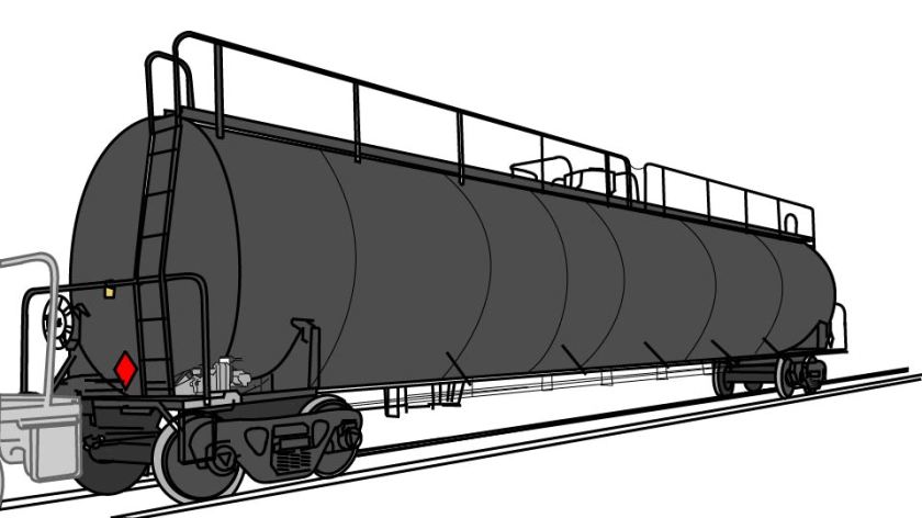 Technical line drawing of a 33K gallon railroad tank car by John D. Reinhart, created using the Three Point Line illustration method