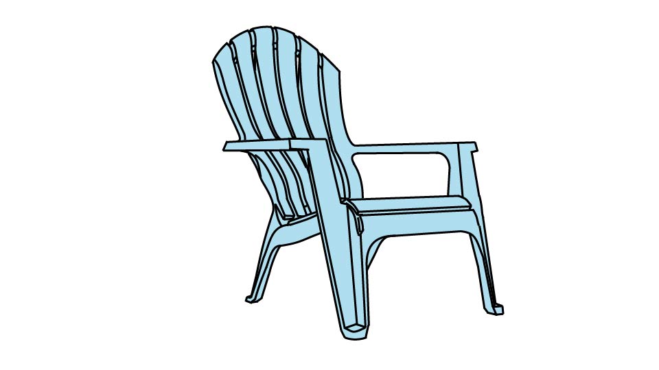 Technical line drawing of a blue Adirondack chair by John D. Reinhart, created using the Three Point Line illustration method