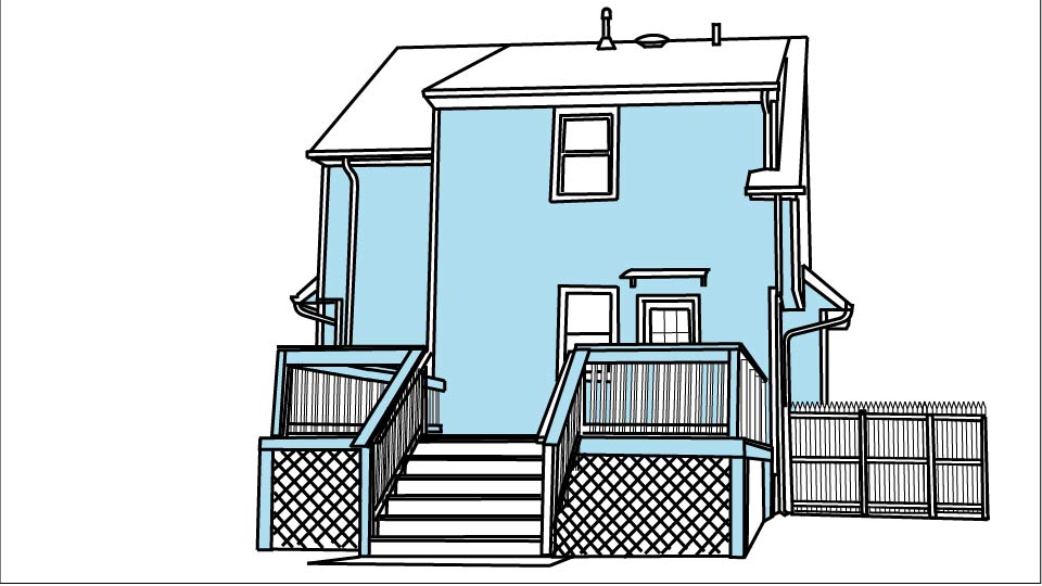 Technical line drawing of a blue Cape Cod style house by John D. Reinhart, created using the Three Point Line illustration method.