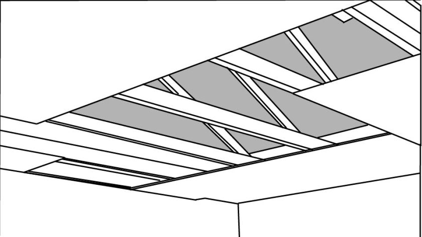 Technical line drawing of ceiling drywall panels by John D. Reinhart, created using the Three Point Line illustration method