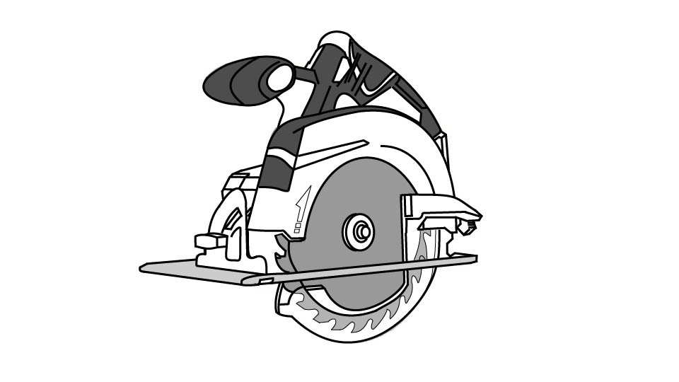 A technical line drawing of a circular saw by John D Reinhart made in the Three-point Line Method.
