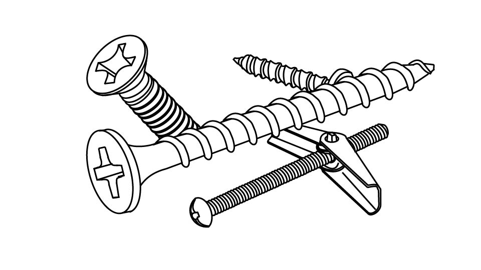 Technical line drawing of a group of common DIY fasteners by John D. Reinhart, created using the Three Point Line illustration method.