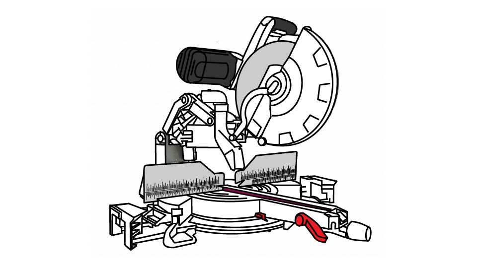 A technical line drawing of a compound miter saw by John D Reinhart made using the Three-point Line method.