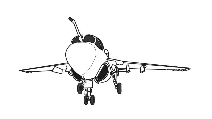 Technical line drawing of a Grumman EA-6B Prowler jet by John D. Reinhart, created using the Three Point Line illustration method.