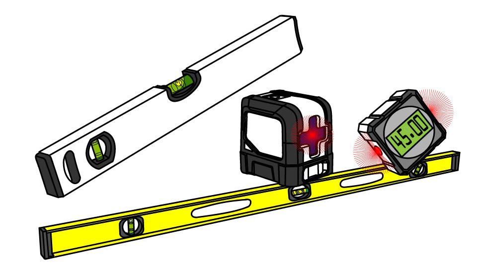 A technical line drawing of four different leveling tools by John D Reinhart made using the Three-point Line method.
