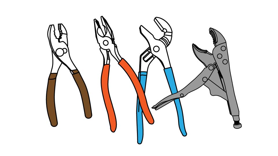 A technical line drawing of four assorted pliers by John D Reinhart made using the Three-point Line method.