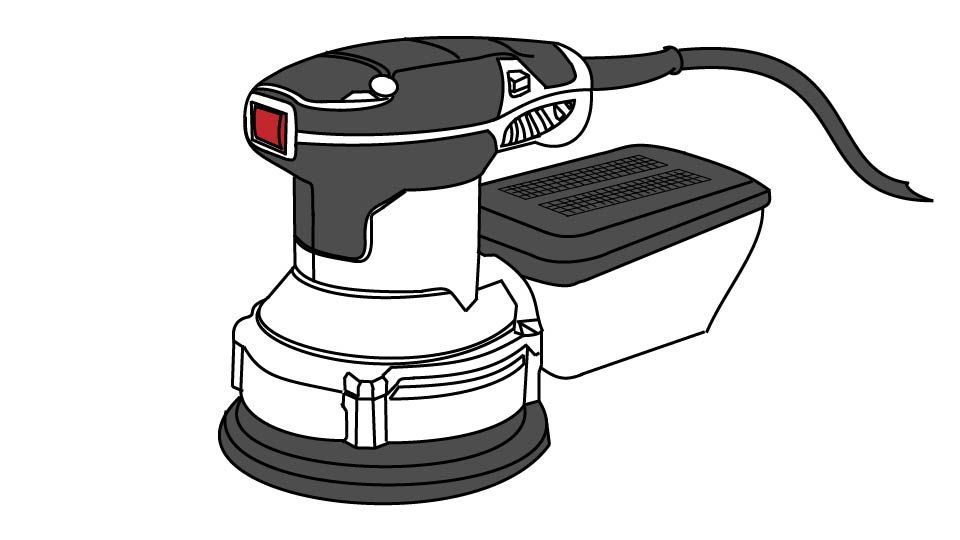 A technical line drawing of a power sander by John D Reinhart made using the Three-point Line Method.