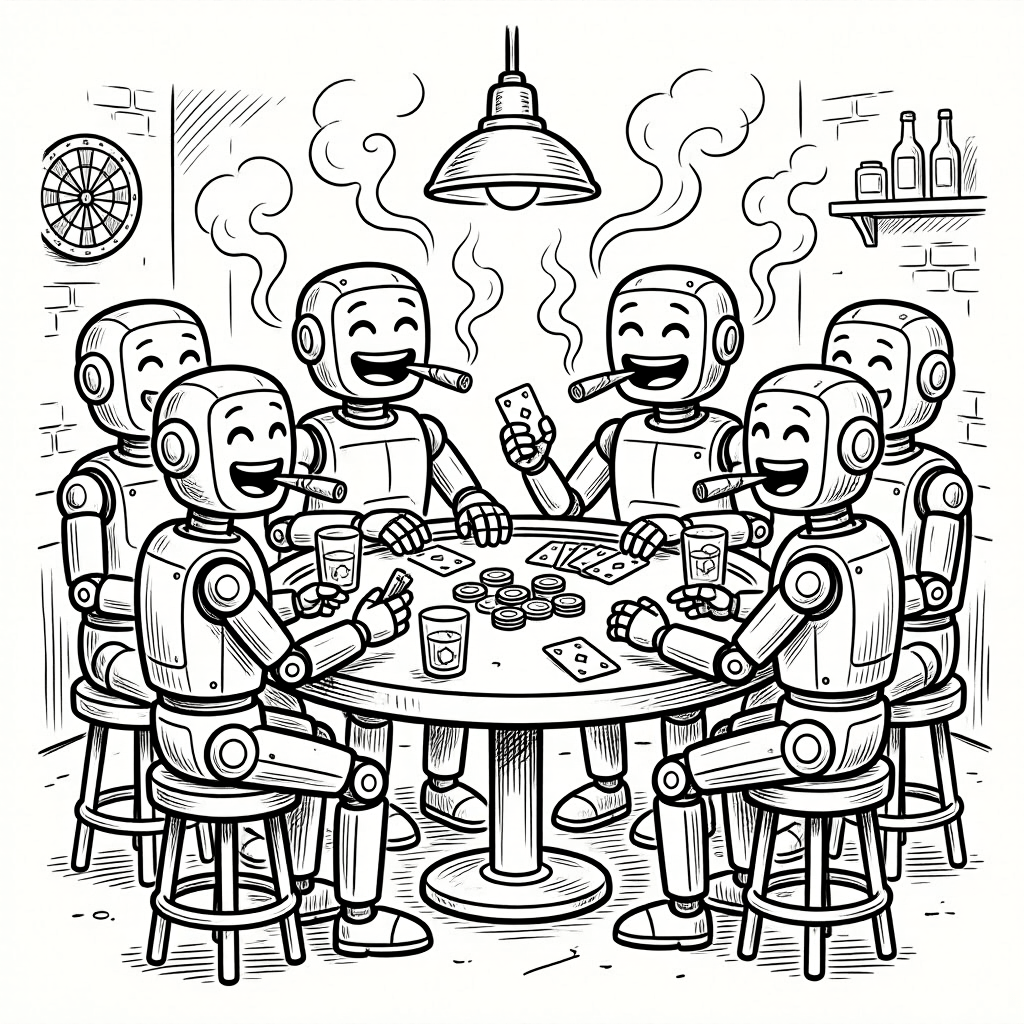 A cartoon of six robots playing poker, smoking, and laughing