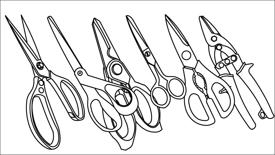 A technical line drawing of a group of six assorted scissors and shears by John D Reinhart made using the Three-point Line method.