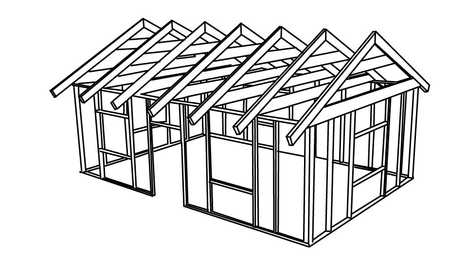 Technical line drawing of wooden house framing by John D. Reinhart, created using the Three Point Line illustration method.