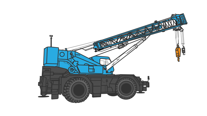 Technical line drawing of a Vergona GR-800XL mobile crane by John D. Reinhart, created using the Three Point Line illustration method