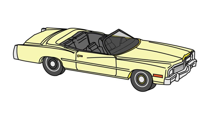Technical line drawing of a Matchbox MBX1264 Cadillac Eldorado by John D. Reinhart, created using the Three Point Line illustration method