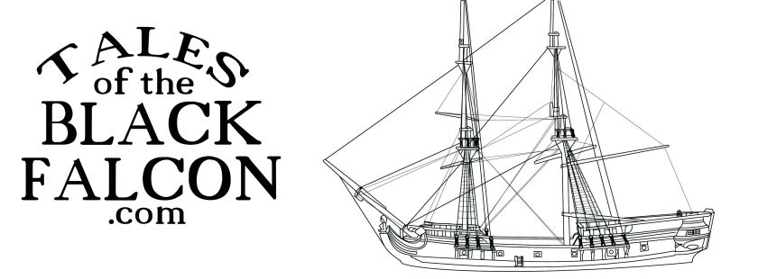 The words Tales of the Black Falcon arranged next to a drawing of the Aurora Black Falcon model ship in the Three-Point Line method.
