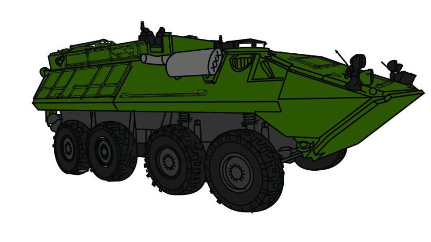 Technical line drawing of an LAV-25 Light Armored Vehicle by John D. Reinhart, created using the Three Point Line illustration method