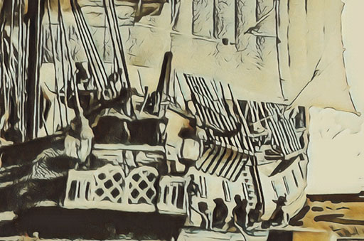 A woodcut-style 18th century harbor scene featuring two ships and a boat loaded with men, by John D Reinhart.